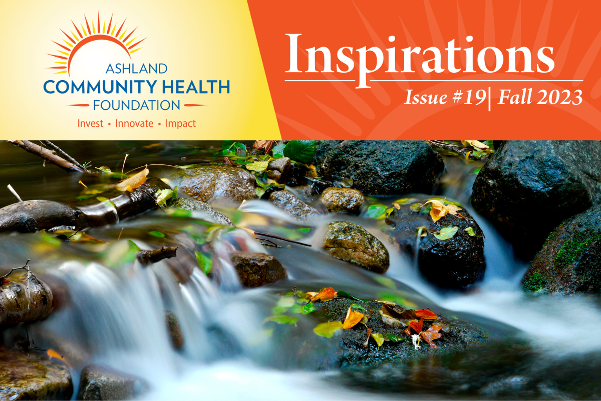 ACHF Newsletter Header pictured with scattered fall-colored leaves in a flowing creek