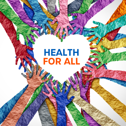 Colorful paper shaped like arms and hands is arranged in a heart shape. The words "Health for All" is centered.