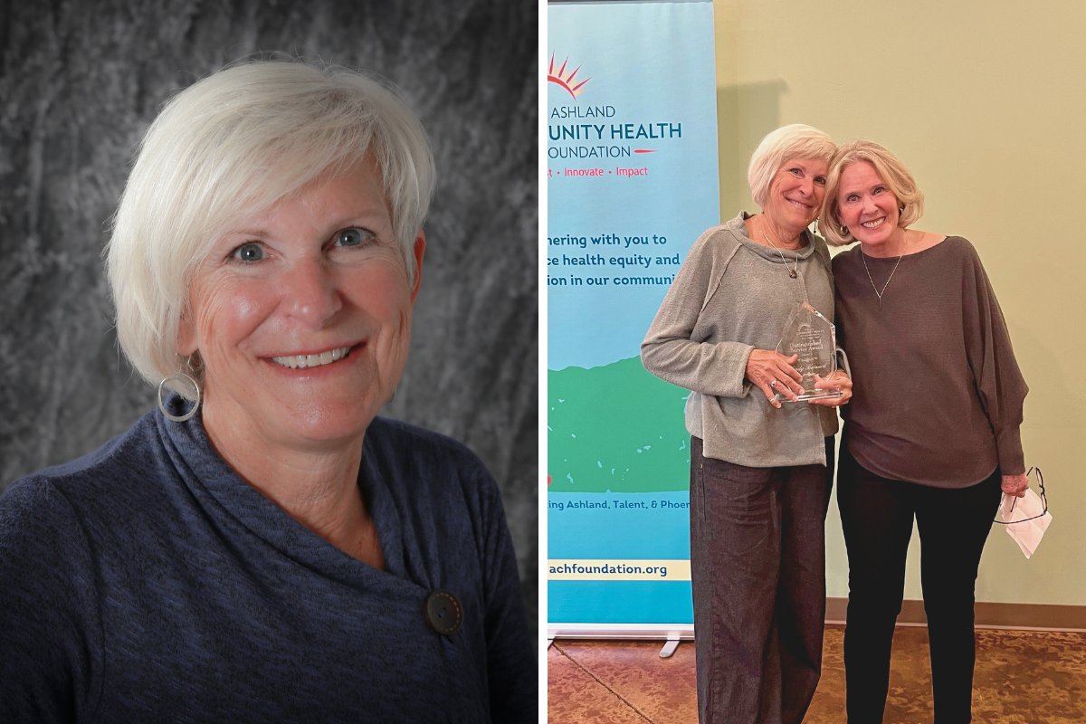Two photo collage, showing a Cindy Bernard portrait photo on the left, and a photo of Cindy receiving the 2022 DSA from 2021 DSA recipient, Karen Drescher