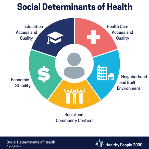 A circle separated into 5 colored arcs, which are labeled with 5 social determinants of health.